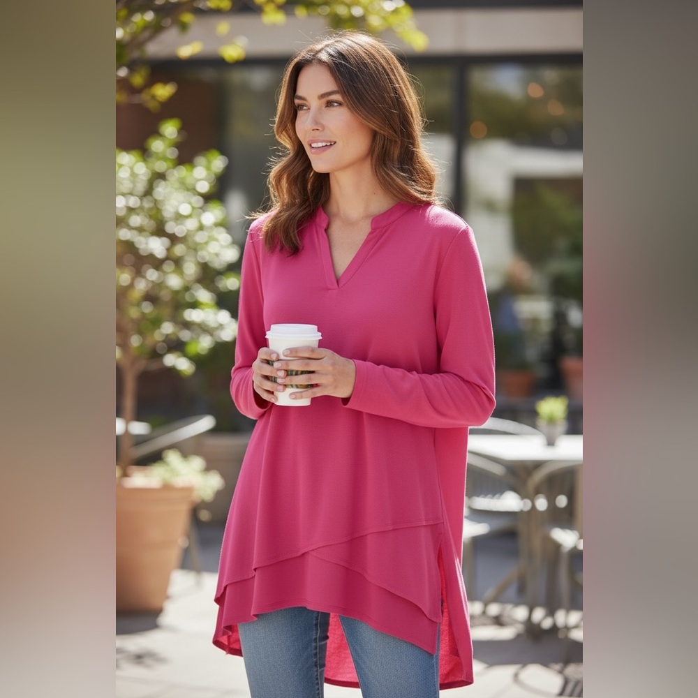 Susan Graver Hot Pink Long Sleeve Asymmetrical Tunic Top Roll Tab Sleeves - 8